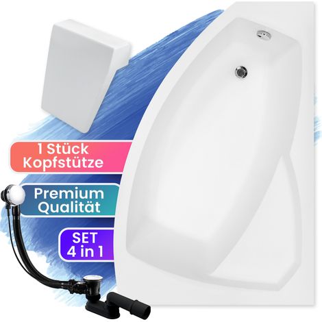 Badewanne Eckbadewanne 130x85 Rechts + Kopfstütze, Ablaufgarnitur & Füßen GRATIS - Komplettset 4in1 Acryl Wanne Siphon - Made in EU - BADLAND RIMA