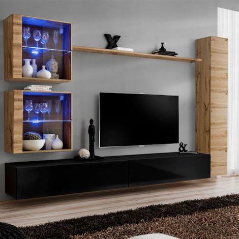 Meuble TV Mural Design "Switch XVIII" 280cm Noir & Naturel (1/4)