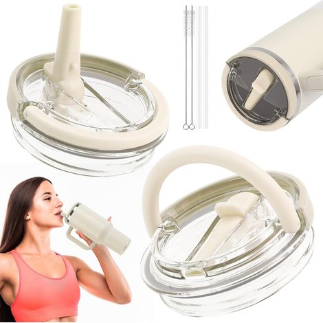Replacement Cup Lid for Stanley 40 oz Cup, 2 Pieces Flip-Top Straw Lid for Stanley Cup with 2 Straws and 2 Cleaning Brushes, Leakproof Cup Lid for Stanley Cup, Beige