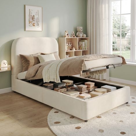 Kinderbett Samt Beige mit hydraulischem Stauraum, inklusive Lattenrost und gepolstertem Kopfteil