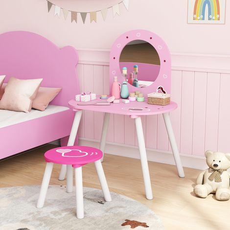 Tocador Infantil con Taburete y Espejo Tocador para Niñas con Dibujos de Corazones para Niños y Niñas de 3-6 Años Rosa (1/5)
