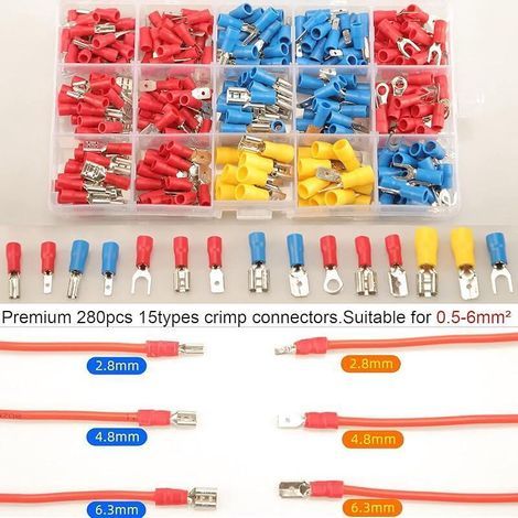Cosses Electriques Isolée a Sertir 280 PCS, kits, Assortiment Connecteurs Ronde Cosses Plates Femelles Cosses Fourches (1/3)
