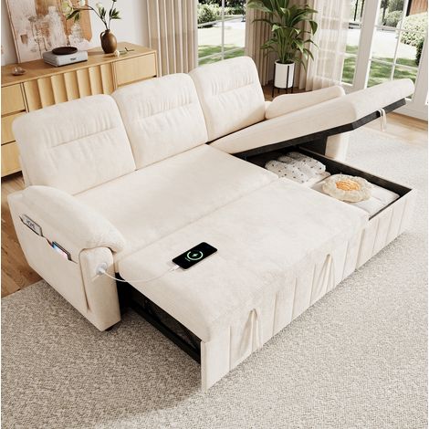 Canapé d'angle convertible 208x131x88 cm en chenille beige, avec rangement, salon FloraGrace (1/5)