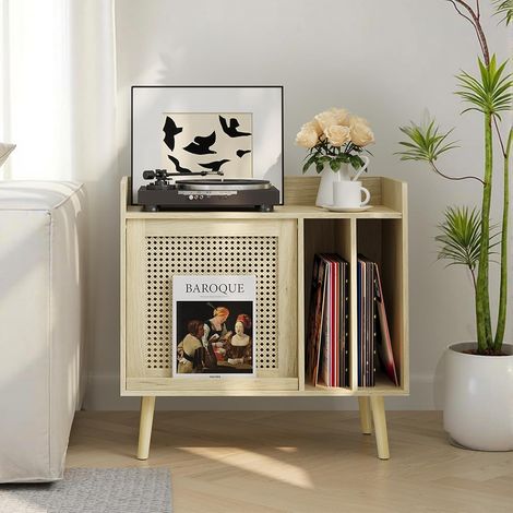 Grand support de tourne-disques avec armoire de rangement et porte-revues en rotin, table d'appoint de rangement de disques vinyles avec pieds en bois massif pour salon, chambre à coucher (1/5)