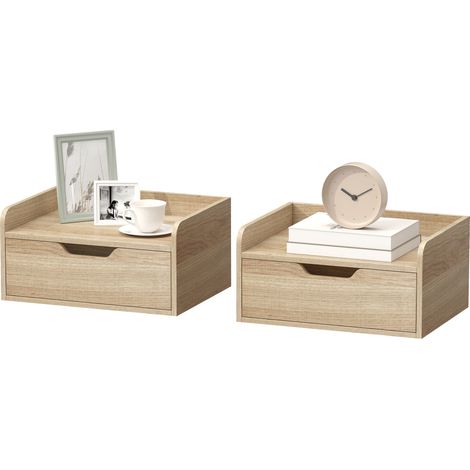 Set aus 2 wandmontierten Nachttischen mit Schublade, erhöhter Tischkante, 40 x 30 x 19,5 cm, Naturholz