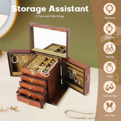 Grande Boîte à Bijoux Verrouillable en Bois - 5 Couches avec Miroir et Tiroir - Armoire à Bijoux (1/5)
