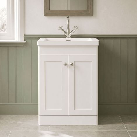 Nuie Classique Floor Standing 2-Door Vanity Unit with 1TH Contemporary Basin 600mm Wide - Satin White (1/5)