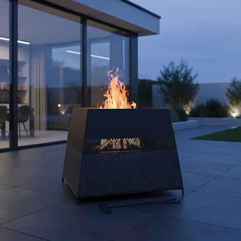 Braciere da Esterno a Legna Quadrato in MGO e Ferro Verniciato a Polvere, Fire Pit da Giardino con Base Effetto Pietra, Resistente a Ruggine e Calore, 55,5 cm (1/4)