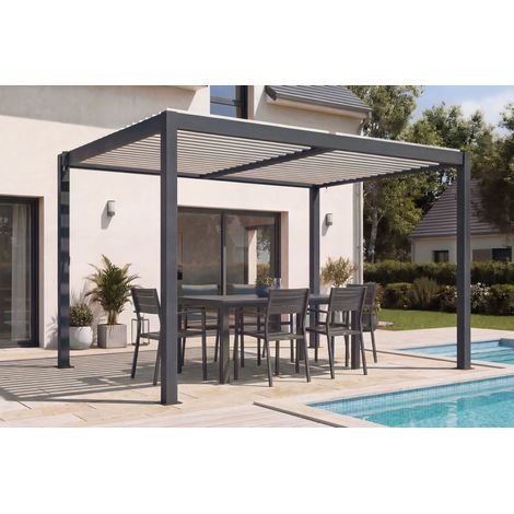 Pergola bioclimatique 4x3 autoportée AGOSTA hauteur 250cm - Aluminium gris lames blanches (1/5)