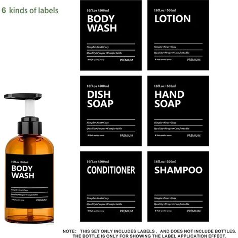 (Style 1) Lot de 6 étiquettes autocollantes imperméables noires pour distributeur de savon, lotion, shampoing et après-shampoing, contenants de rangement pour salle de bain. (1/5)