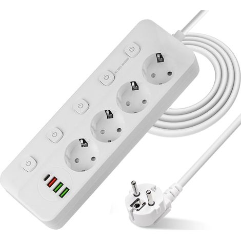Steckdosenleiste mit Einzelschalter, 4 Steckdosen mit 3 USB-A- und 1 USB-C-Anschluss, Überspannungsschutz, 2 m Kabel für Smartphones und Tablets (Weiß) (1/5)