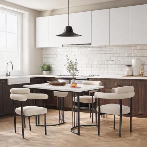 Ensemble table et 4 chaises design pieds métal tissu beige en fer (1/5)