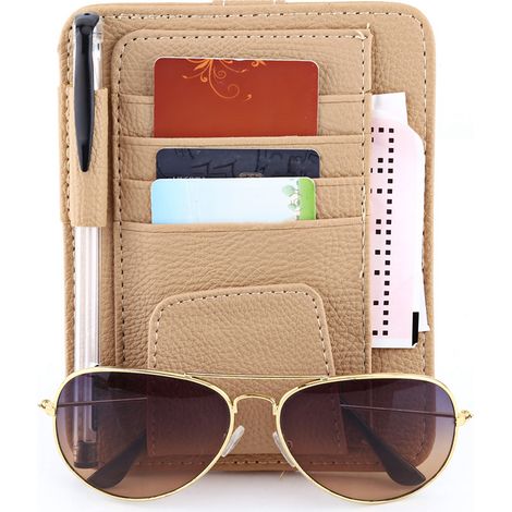 GARRYFIZH Pochette de rangement pour pare-soleil de voiture, sac de rangement pour cartes, clip pour lunettes, beige