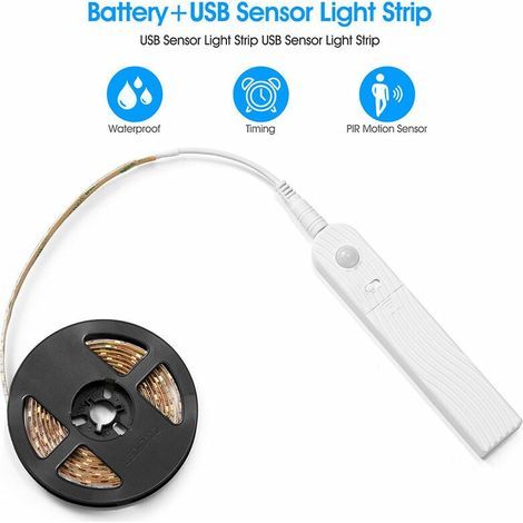 2M Ruban Led avec Détecteur de Mouvement, 120LED Dimmable Bande Led à Piles, Lumiere Led, Bandeau LED Autocollant, Bande Lumineuse pour Cuisine Placard Murale Armoire Escaliers (Blanc froid)-Karteo (1/5)