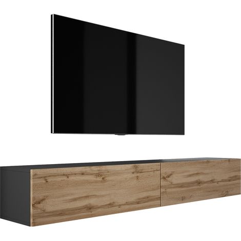 Meuble TV Suspendu, (2 x 100) x 34 x 32 cm, Noir Mat / Chêne Wotan (1/5)