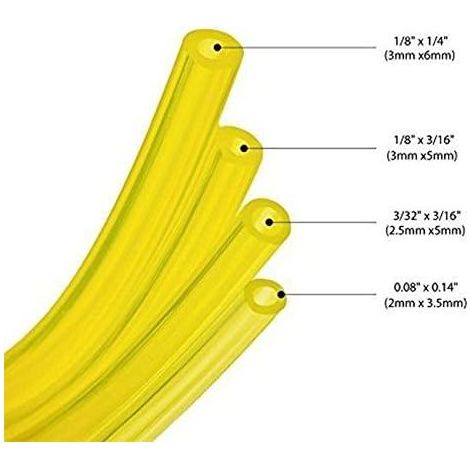 – Tuyau d'essence 1,2m – Dimensions 3x6mm, 3x5mm, 2,5x5mm, 2x3,5mm – Transparent et jaune – Pour débroussailleuses et trononneuses (1/2)