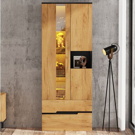 Vitrine 70x35x180 cm MDF et verre trempé bois naturel noir, LED, rangement pour salon – MEUBLIV (1/5)