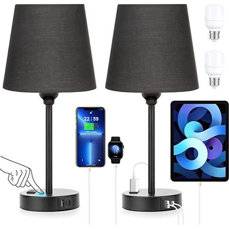 Lampe de chevet avec ports USB-A+C et prise secteur, 3 niveaux de luminosité réglables, ensemble de lampes de chevet 2 lumières pour chambre, salon, chambre d'enfants, bureau [Classe d'efficacité éner (1/5)