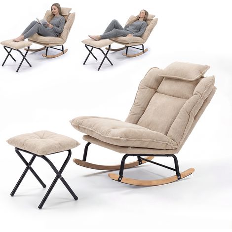 Fabulcozy Fauteuil à Bascule en Velours Côtelé avec Repose-Pieds, Fauteuil Allaitement avec Appui-Tête, Dossier Réglable 3 Positions, Coussin Amovible Fixation Velcro, Base en Bois Massif Salon Balcon (1/5)