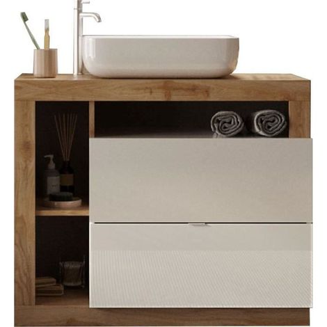 Meuble avec vasque simple L78cm – 2 tiroirs – Façade laquée blanche – Structure en panneau effet bois vintage – Système soft-close