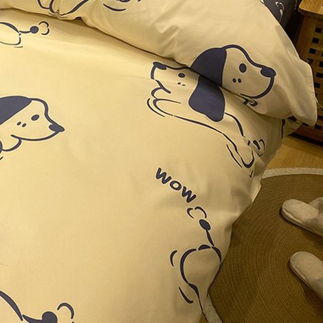 Lot de 4 pièces en aloe coton pour lit 1,5m, housse de couette pour dortoir étudiant, motif chien joyeux, beige, gratté, ensemble de literie simple (1/3)