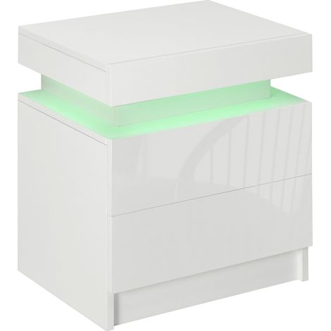 Table de chevet table de nuit lumière LED RVB panneau haute brillance avec 2 tiroirs pour salon chambre à coucher blanc