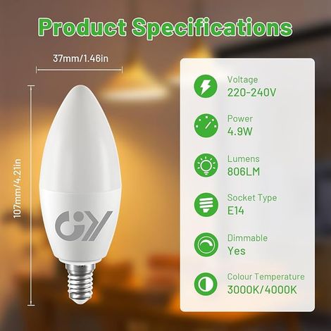 Ampoule E14 LED Blanc Chaud 3000K 4.9W 806LM C37 220-240V (1/2)