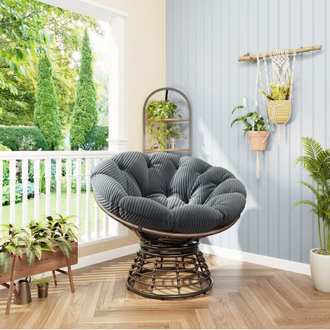 Fauteuil Papasan rotatif 360° en rotin PE, structure acier, coussin épais gris, 92 x 67 cm, marron (1/5)
