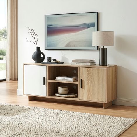Mueble de TV Kenta con compartimentos 120x39x52 cm - Roble sonoma / Blanco [en.casa] (1/5)
