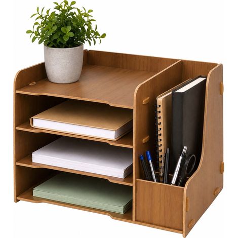 Relaxdays document tray, DIN A4, 4 compartments, standing organiser, pen holder, HxWxD: 23 x 31.5 x 29 cm, MDF, brown (1/5)