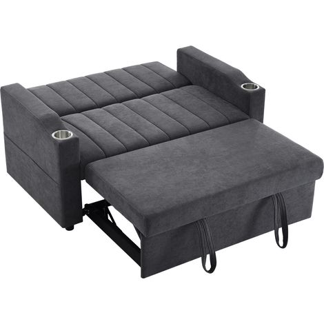 Canapé-lit 2 places multifonctionnel en tissu coton avec dossier inclinable et porte-gobelets, 136x162x84 cm (1/5)