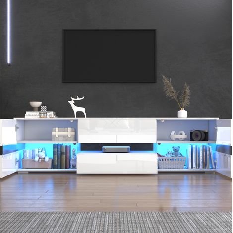 Mobile TV 160 x 39 x 45 cm con LED, 2 ante, 1 cassetto e nicchia aperta, bianco lucido OKMYHOME (1/5)