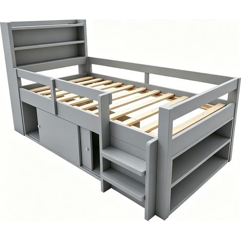 Cama multifunción infantil 90 x 200 cm gris con almacenaje, LED y puertos USB (1/5)