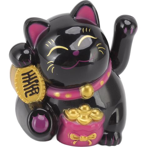 Chat porte-bonheur chinois décoratif à bras agité, lampe solaire à induction, figurine pour la maison ou la voiture, assis de côté, noir (1/5)