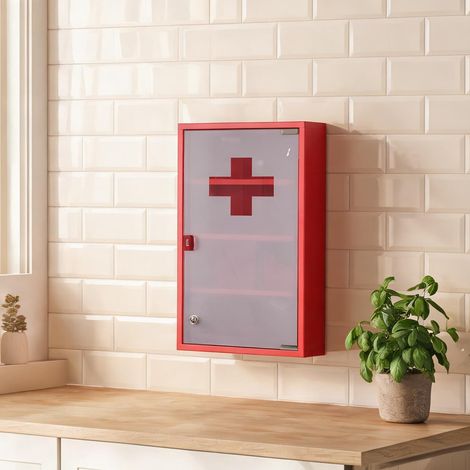 Armoire à pharmacie métal rouge 30 x 12 x 60 cm avec porte (1/5)