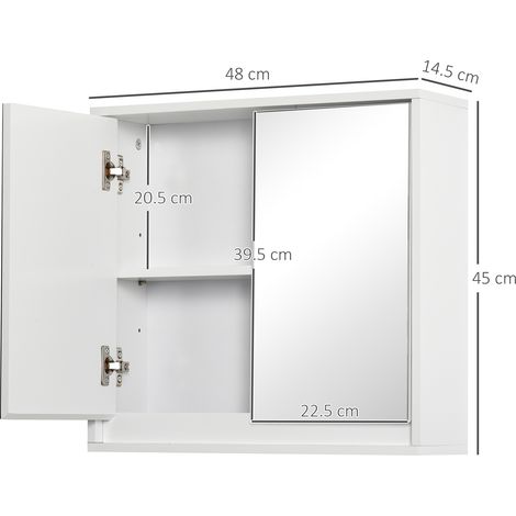 Meuble de salle de bain à deux portes, miroir et étagères réglables en MDF, 48 x 14,5 x 45 cm, blanc (1/5)
