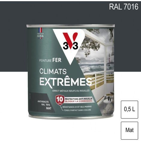 V33 – Peinture fer Climats extrêmes mat anthracite 0,5 L – Résistante aux intempéries – Pour ferronneries extérieures – RAL 7016 (1/4)