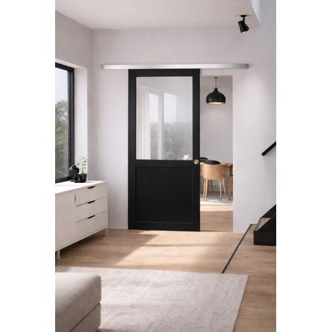 Porta scorrevole nera per officina H204 x L83 senza montante + binario in alluminio e 2 gusci
