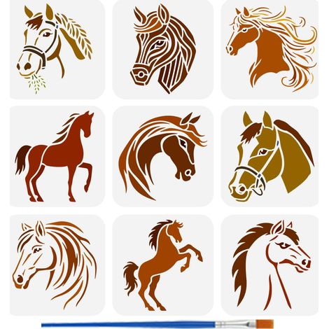 9Pcs Pochoirs de Tête de Cheval pour Peinture Au Pinceau 15x15cm Pochoir de Cheval Réutilisable Pochoir Silhouette Creuse Pochoir en Plastique Thème Animaux pour Décoration Murale (1/5)