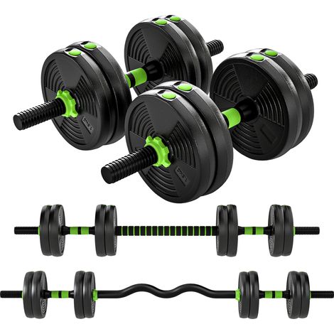 Set de mancuernas regulable, 15 kg, mancuernas y barras, 140 x 20 x 20 cm, verde (1/5)