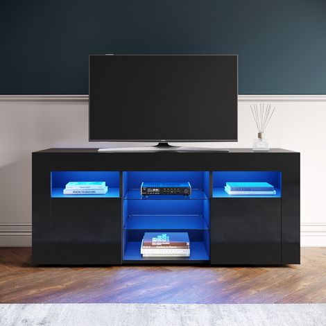 ELEGANT Modern High Gloss TV Stand Cabinet with LED Light Living Room Bedroom Furniture Television Unit TV Cabinet for Media Storage 1200mm Black TV cabinet Style 2