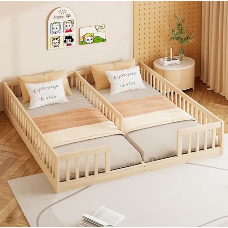 Lit enfant double 204/187/40 cm naturel en bois de pin avec barrières et sommier à lattes (1/5)