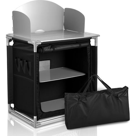 Jiubiaz Campingküche mit 2 Schubladen, Outdoor Küchentisch mit Alu-Arbeitsplatte & Rand, stabile Campingbox 80x76x56cm für Wohnwagen, Schwarz