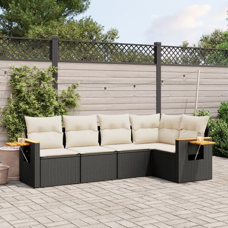Ensemble Salon Jardin 5 Places Noir Résine Tressée avec Coussins Crème - Canapé d'Angle Modulaire (1/4)