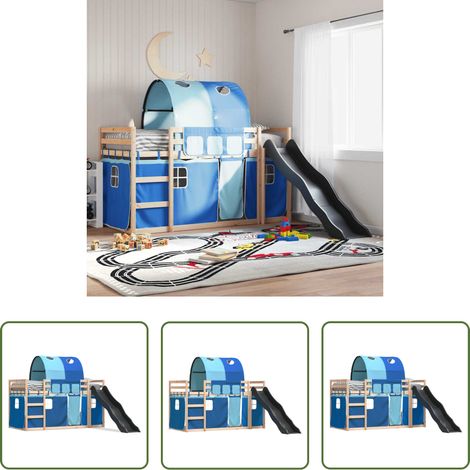 Hochbett für Kinder - Etagenbett mit Rutsche und Gardinen Blau 80x200 cm (1/5)