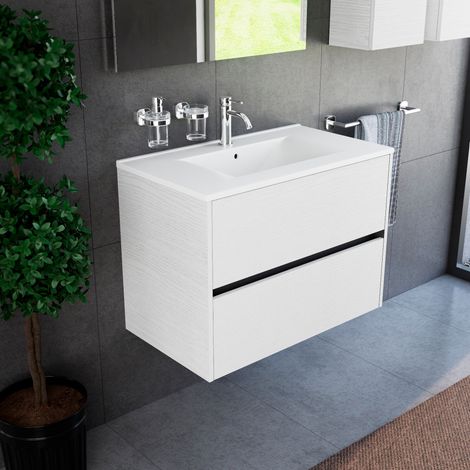 Inda - Badezimmerschrank 80 cm breiter, weißer Diamante Olmo mit 2 Schubladen und Keramikwaschbecken (1/4)