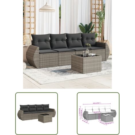 The Living Store Salon de jardin 5 pcs avec coussins gris résine tressée - Ensemble Salon De Jardin - Mobilier De Jardin - Canapé Jardin - Set Salon Exterieur - Chaise Jardin