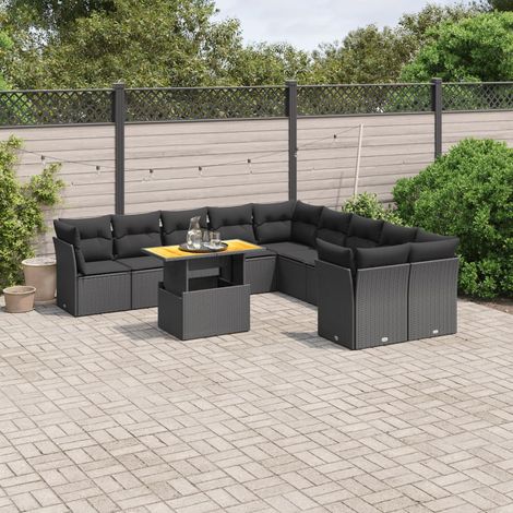 Ensemble Salon Jardin 11 Pièces Résine Tressée Noir avec Coussins - Table Réglable Hauteur, Modulaire, Housses Lavables (1/3)
