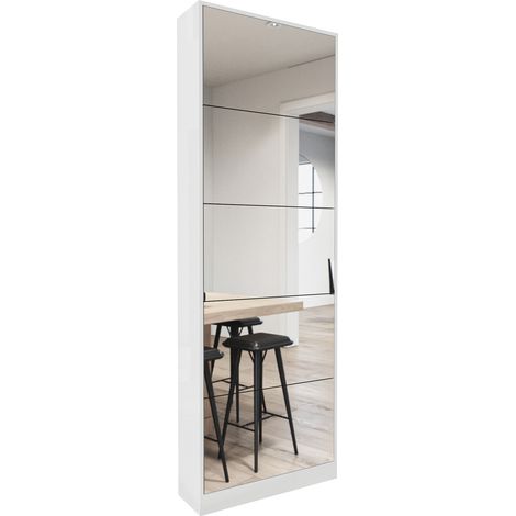 Armoire, en bois, 5 tiroirs, avec porte, avec miroir, blanc, pour maison et usage quotidien, rangement pratique, format gain de place