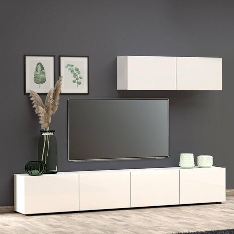 Meuble TV Vongfong, une Étagère, 6 Compartiments Made in Italy, 38x225x39h cm Blanc Brillant (1/5)
